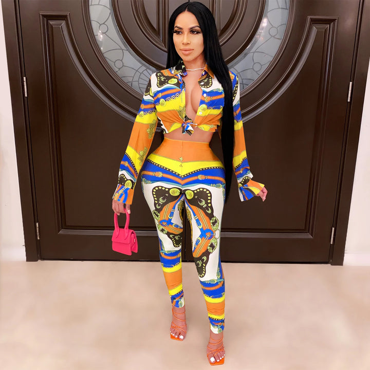 Dame To-delt Sæt med cropped Bluse og figursyet Leggings i trendy Grafikdesign Stilla