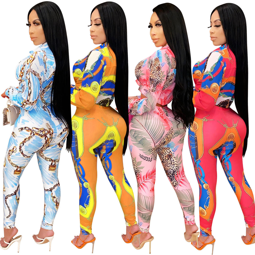 Dame To-delt Sæt med cropped Bluse og figursyet Leggings i trendy Grafikdesign Stilla