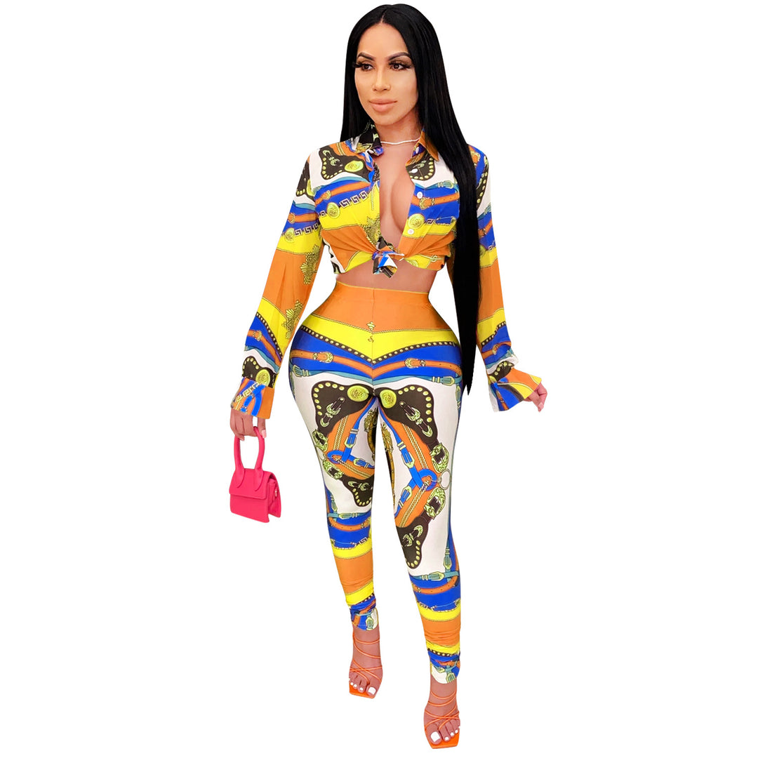 Dame To-delt Sæt med cropped Bluse og figursyet Leggings i trendy Grafikdesign Stilla