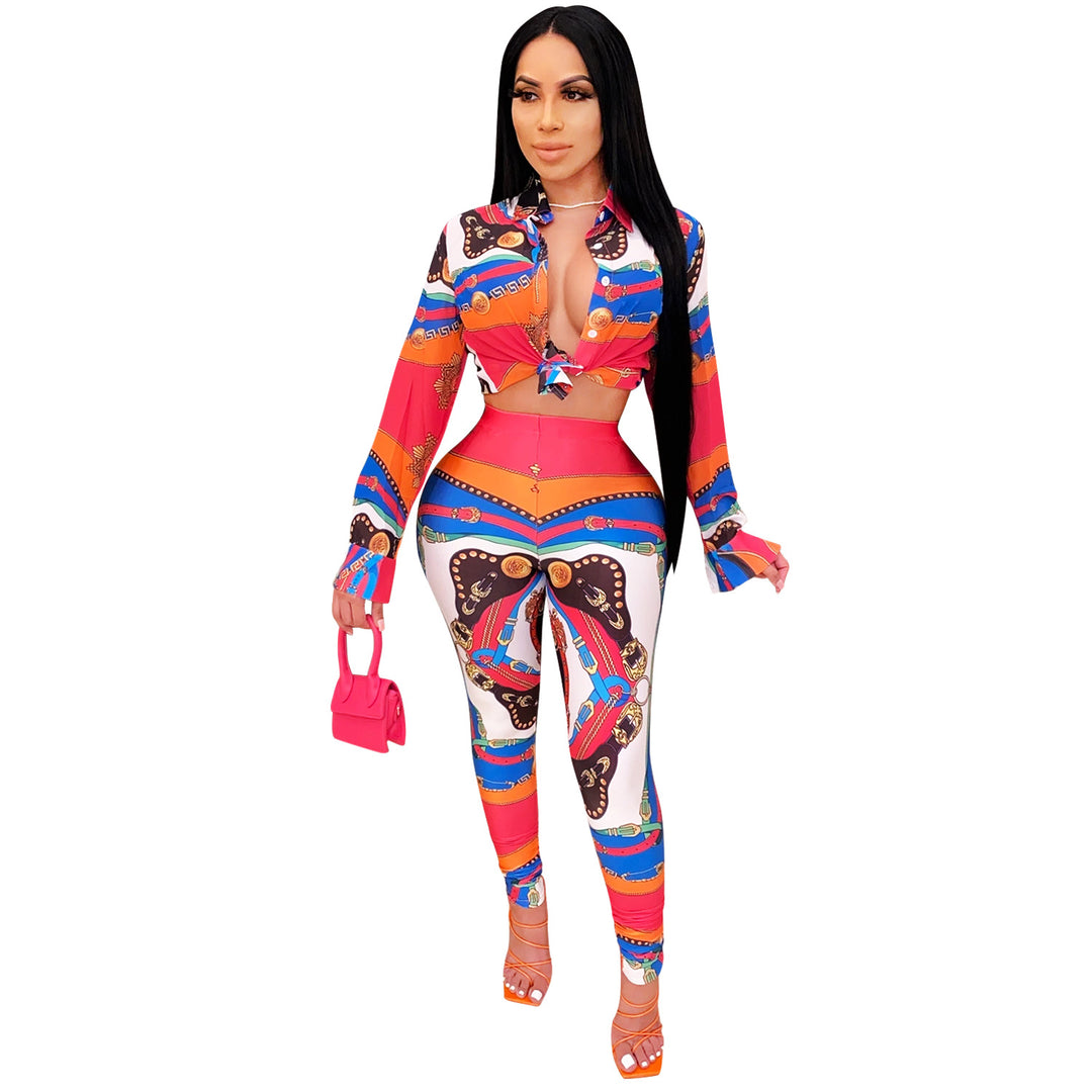 Dame To-delt Sæt med cropped Bluse og figursyet Leggings i trendy Grafikdesign Stilla