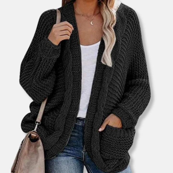 Stilla | Uld Oversized Cardigan Ribbede Åben Frontlommer Cardigan