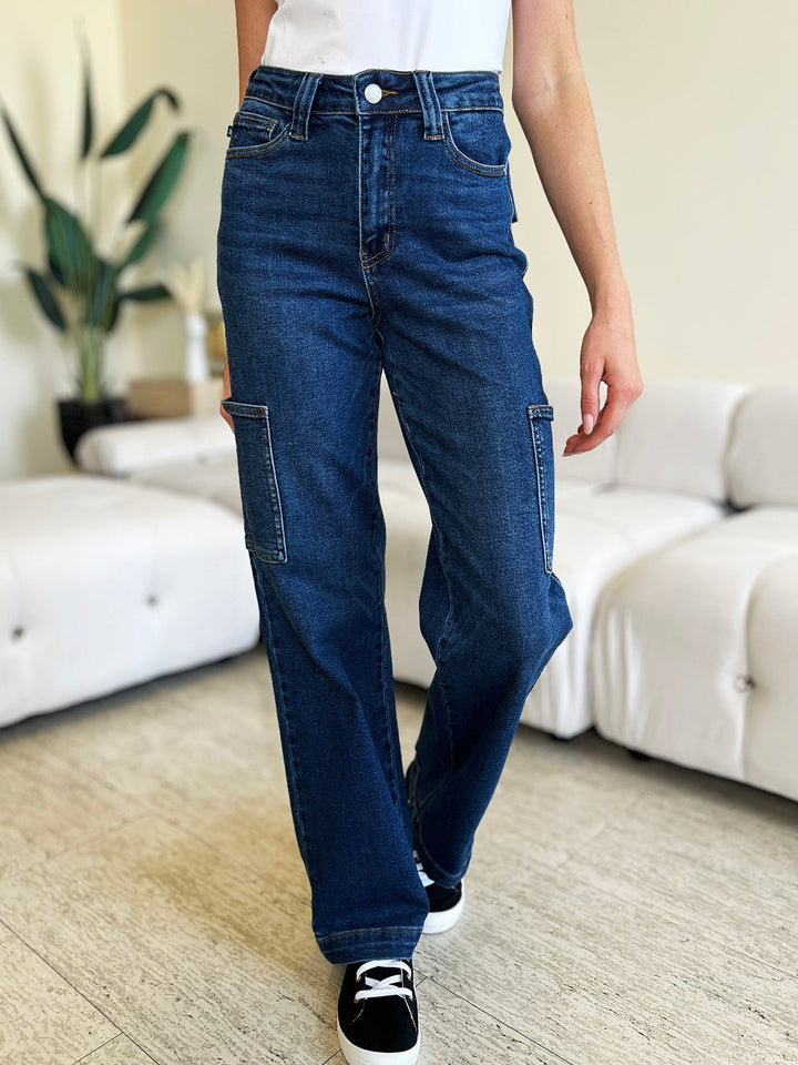 Stilla | Blå Fuld Størrelse Høj Talje Lige Cargo Jeans