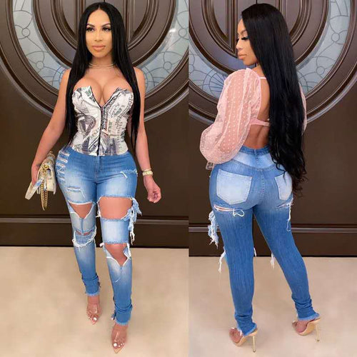 Kvinders stramme jeans med stilfuld ødelagt look og høj talje Stilla