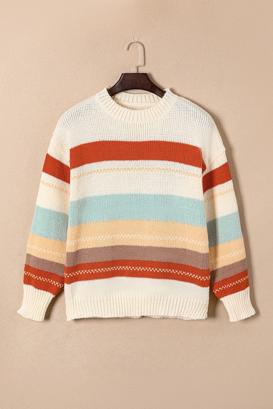 Stilla | Stribet Pullover I Farveblok Strik Med Faldende Skuldre