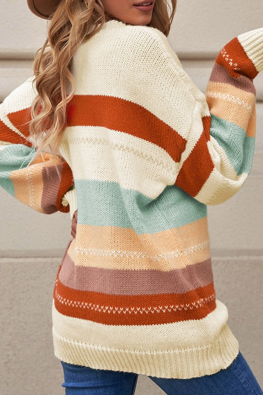 Stilla | Stribet Pullover I Farveblok Strik Med Faldende Skuldre