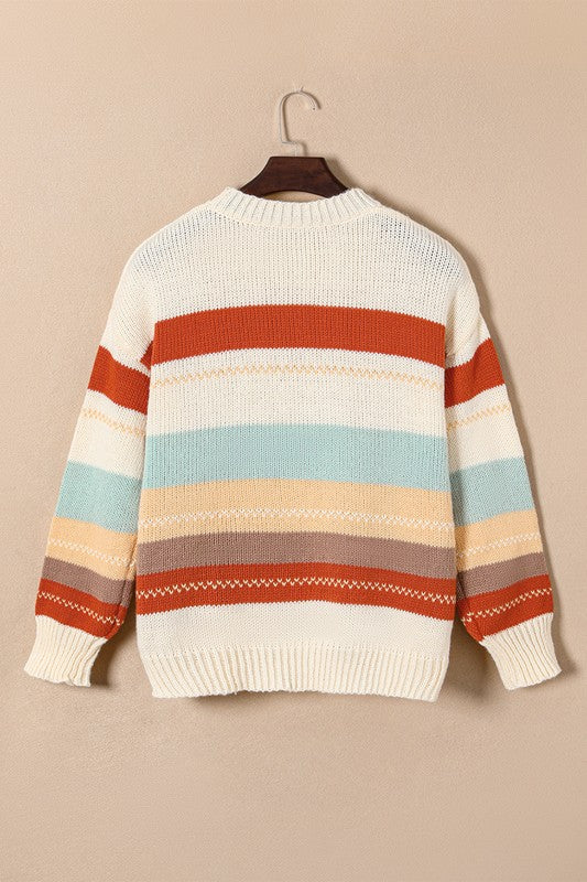 Stilla | Stribet Pullover I Farveblok Strik Med Faldende Skuldre
