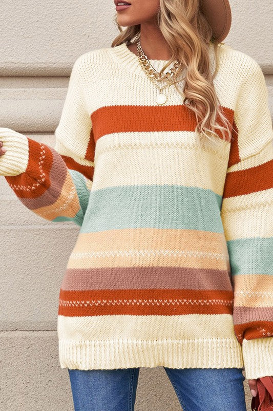 Stilla | Stribet Pullover I Farveblok Strik Med Faldende Skuldre