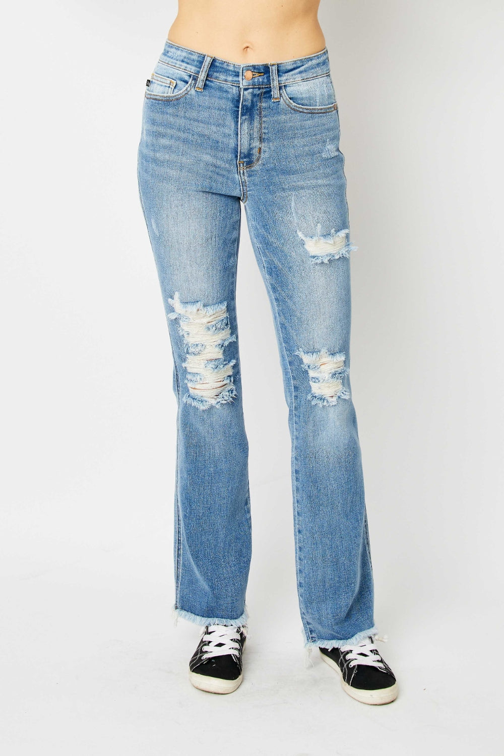 Stilla | Blå Fuld Størrelse Slidt Rå Kant Bootcut Jeans