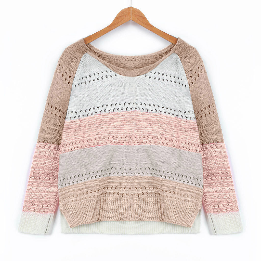 Kvinders strikket sweater med moderne striber og fine blonder mønstre Stilla