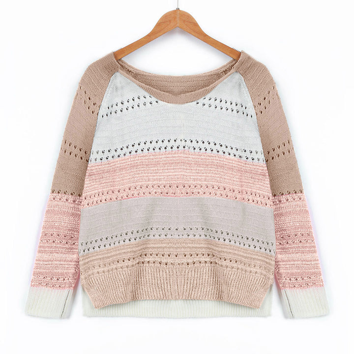 Kvinders strikket sweater med moderne striber og fine blonder mønstre Stilla