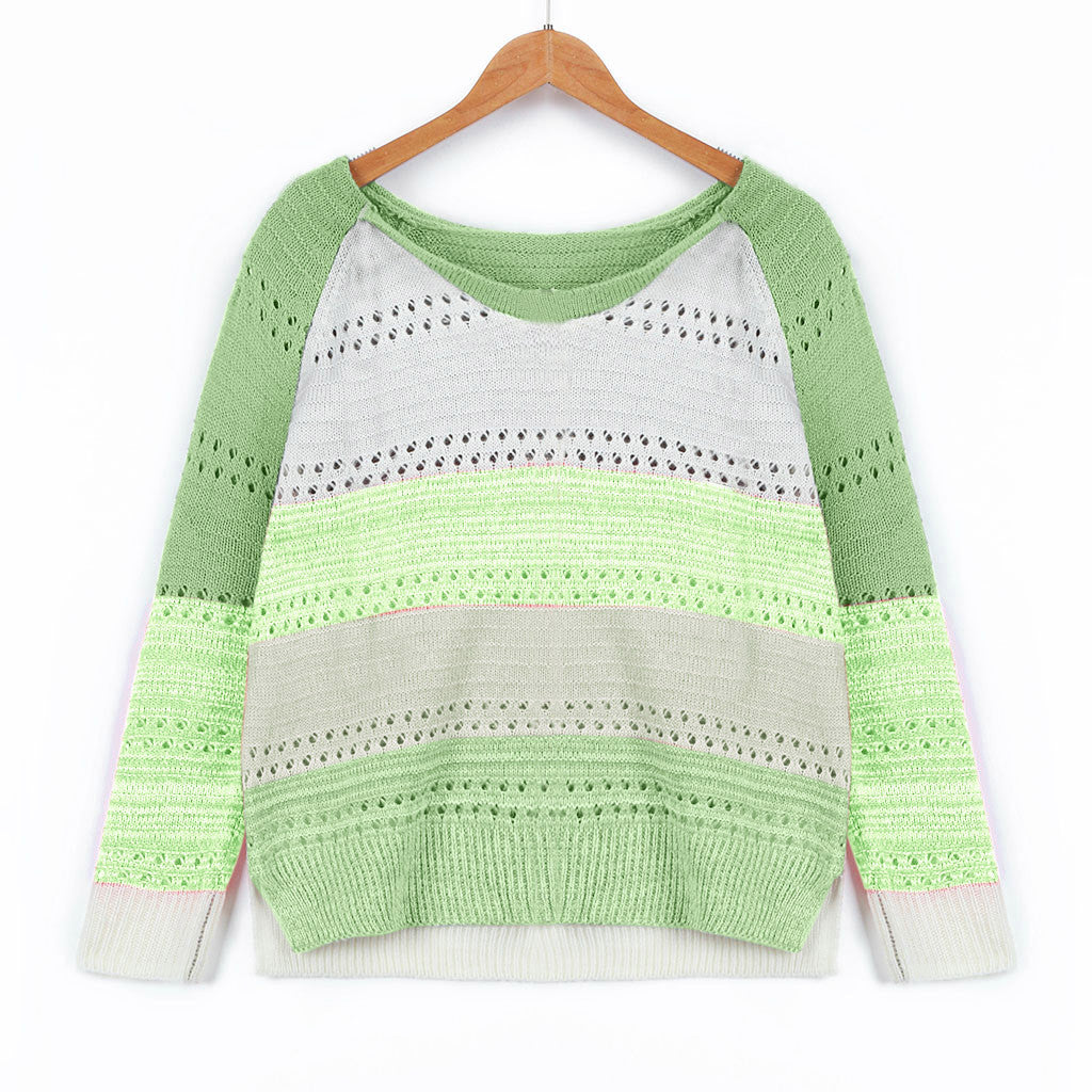 Kvinders strikket sweater med moderne striber og fine blonder mønstre Stilla
