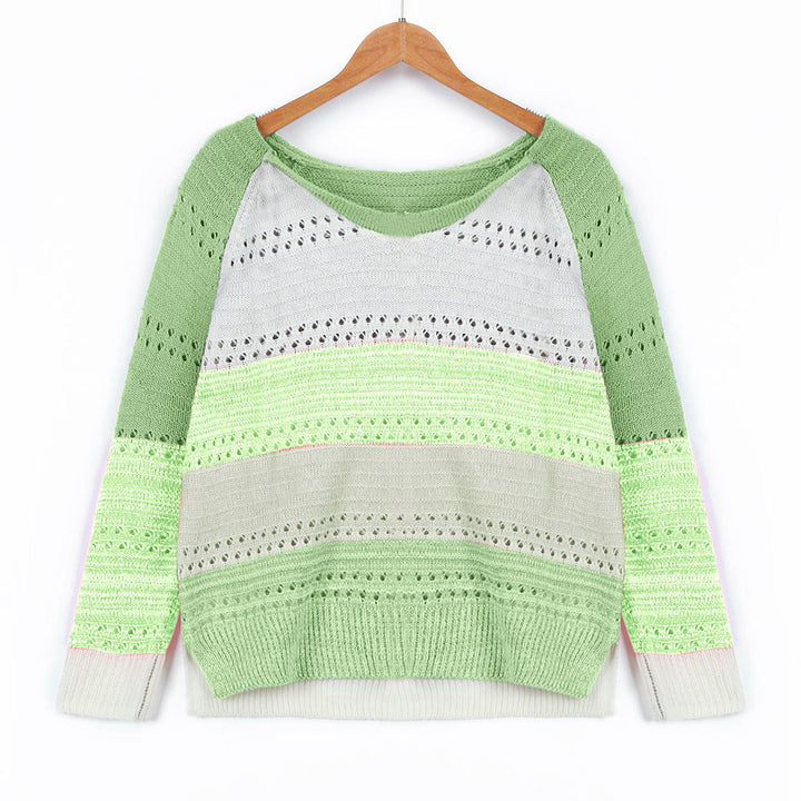 Kvinders strikket sweater med moderne striber og fine blonder mønstre Stilla