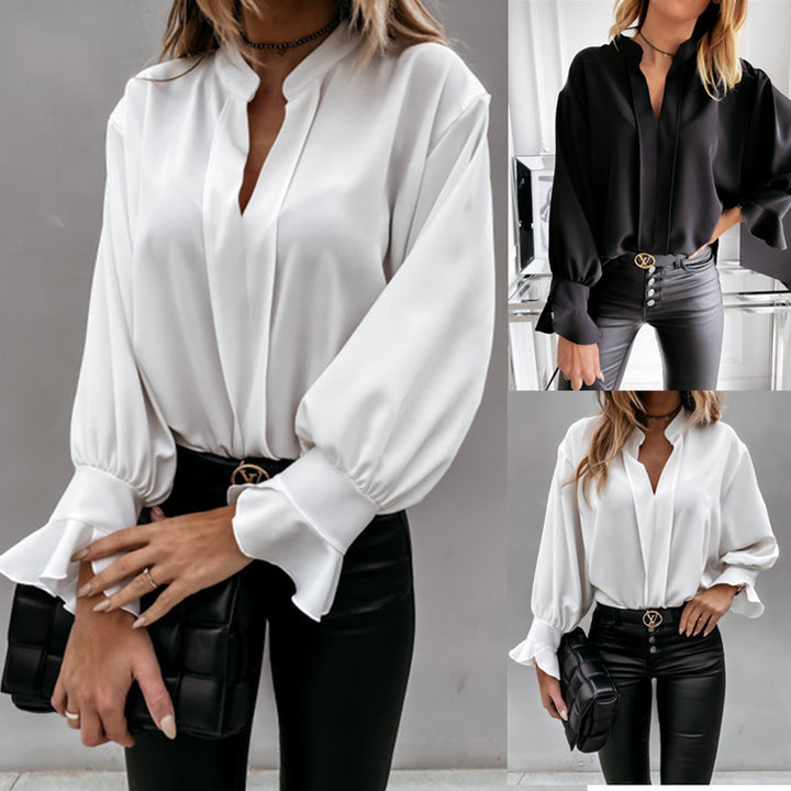 Dame Elegant Bluse med vide ærmer og dyb udskæring Stilla