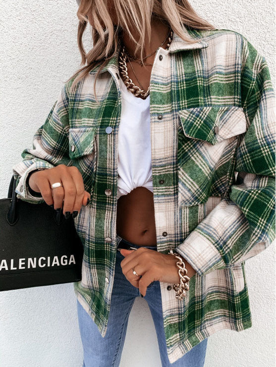 Stilla | Skjortejakke Plus Size Flanneltekstur Ternet Knaplukning Loose Lagdeling