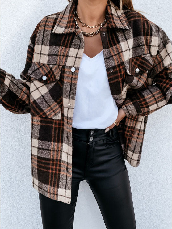 Stilla | Skjortejakke Plus Size Flanneltekstur Ternet Knaplukning Loose Lagdeling