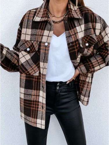 Stilla | Skjortejakke Plus Size Flanneltekstur Ternet Knaplukning Loose Lagdeling