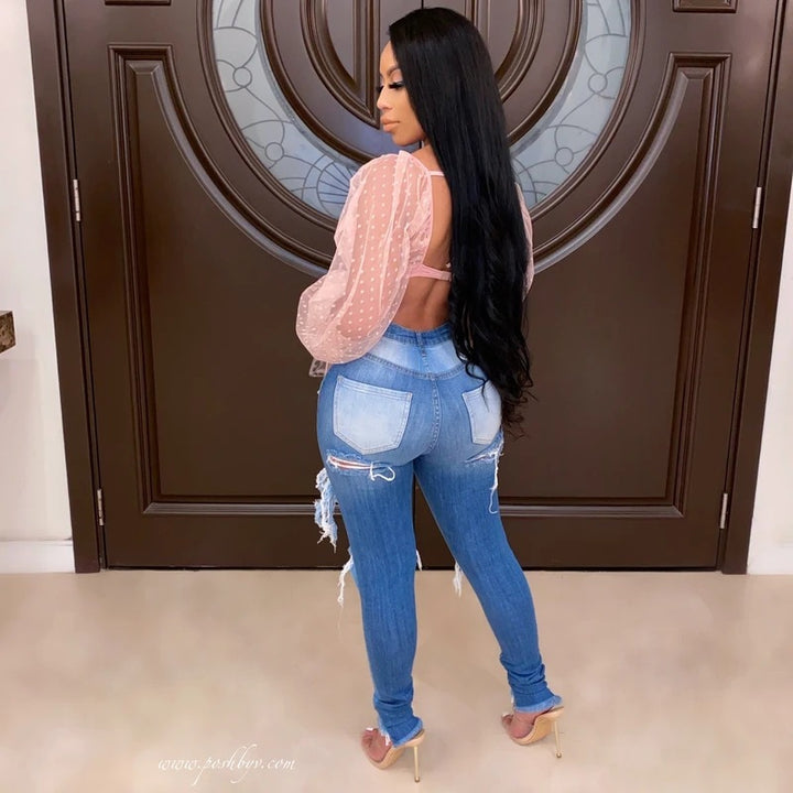 Kvinders stramme jeans med stilfuld ødelagt look og høj talje Stilla