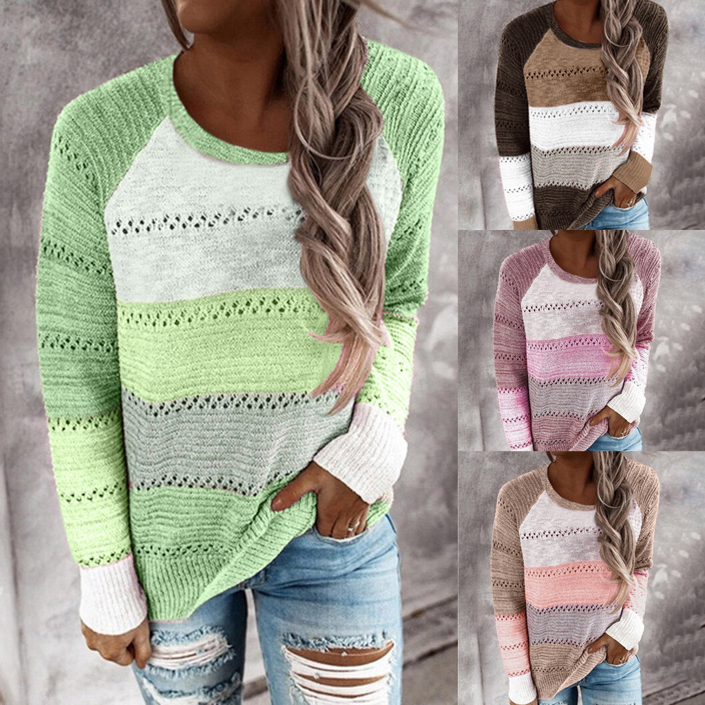 Kvinders strikket sweater med moderne striber og fine blonder mønstre Stilla