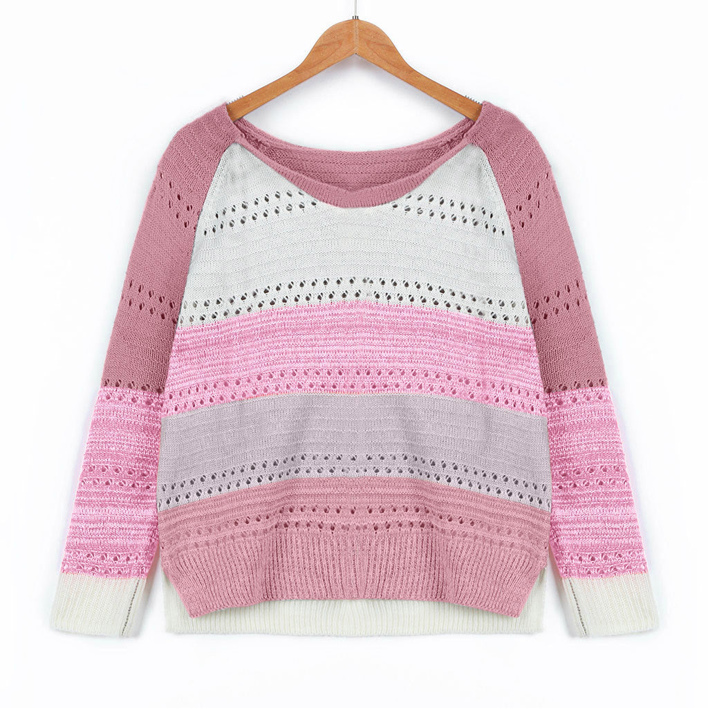 Kvinders strikket sweater med moderne striber og fine blonder mønstre Stilla