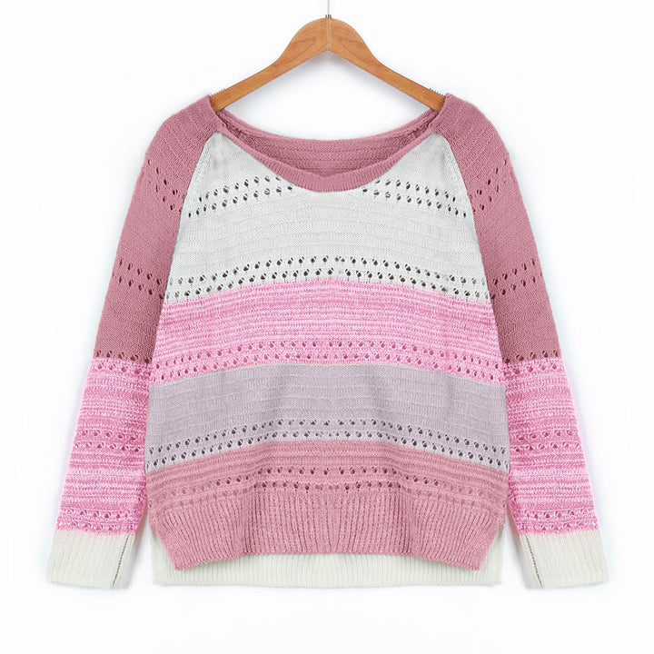 Kvinders strikket sweater med moderne striber og fine blonder mønstre Stilla