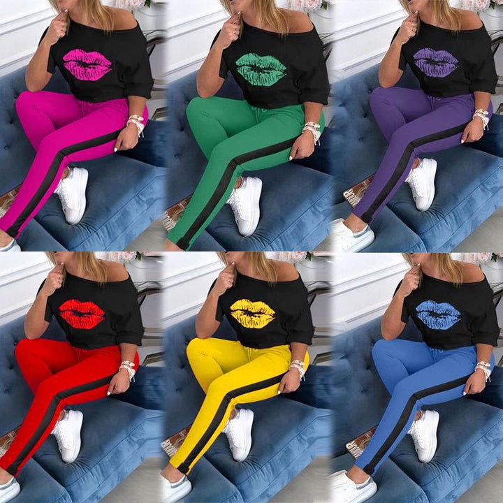 Dame Off-Shoulder Grafik Sweatshirt og Jogger Sæt Stilla
