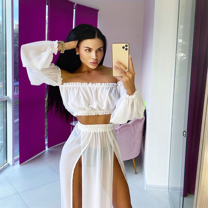 Dame Maxi-kjole i Boho-stil med off-shoulder silhuet og lange ærmer Stilla