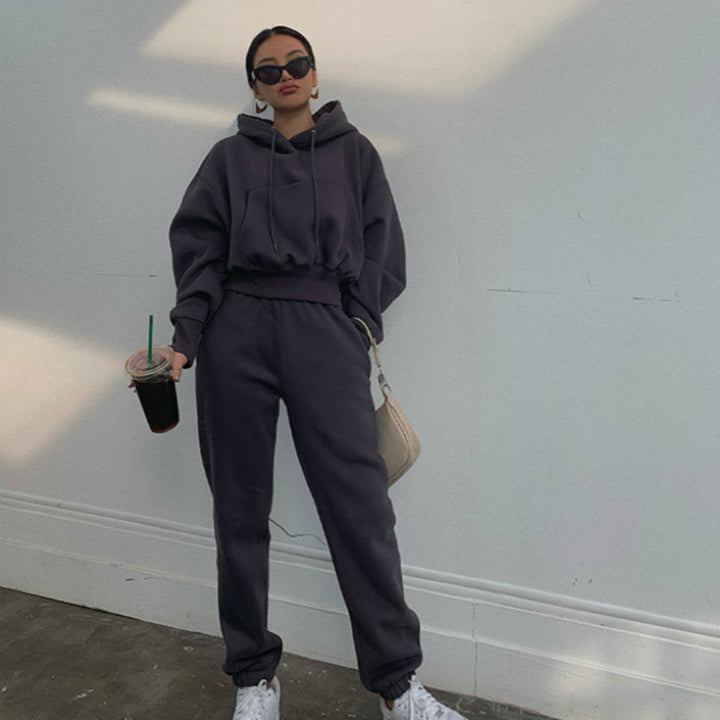 Kvindernes afslappede hoodie og jogger sæt med elastisk talje og praktiske lommer