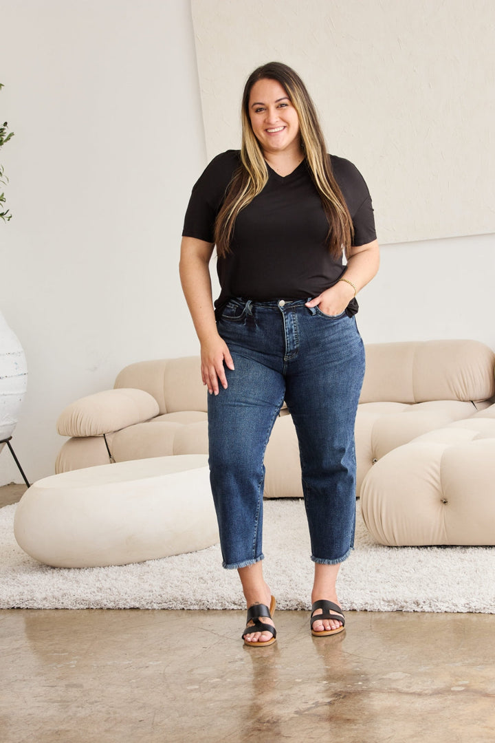Stilla | Full Size Tummy Control High Waist Raw Hem Jeans
