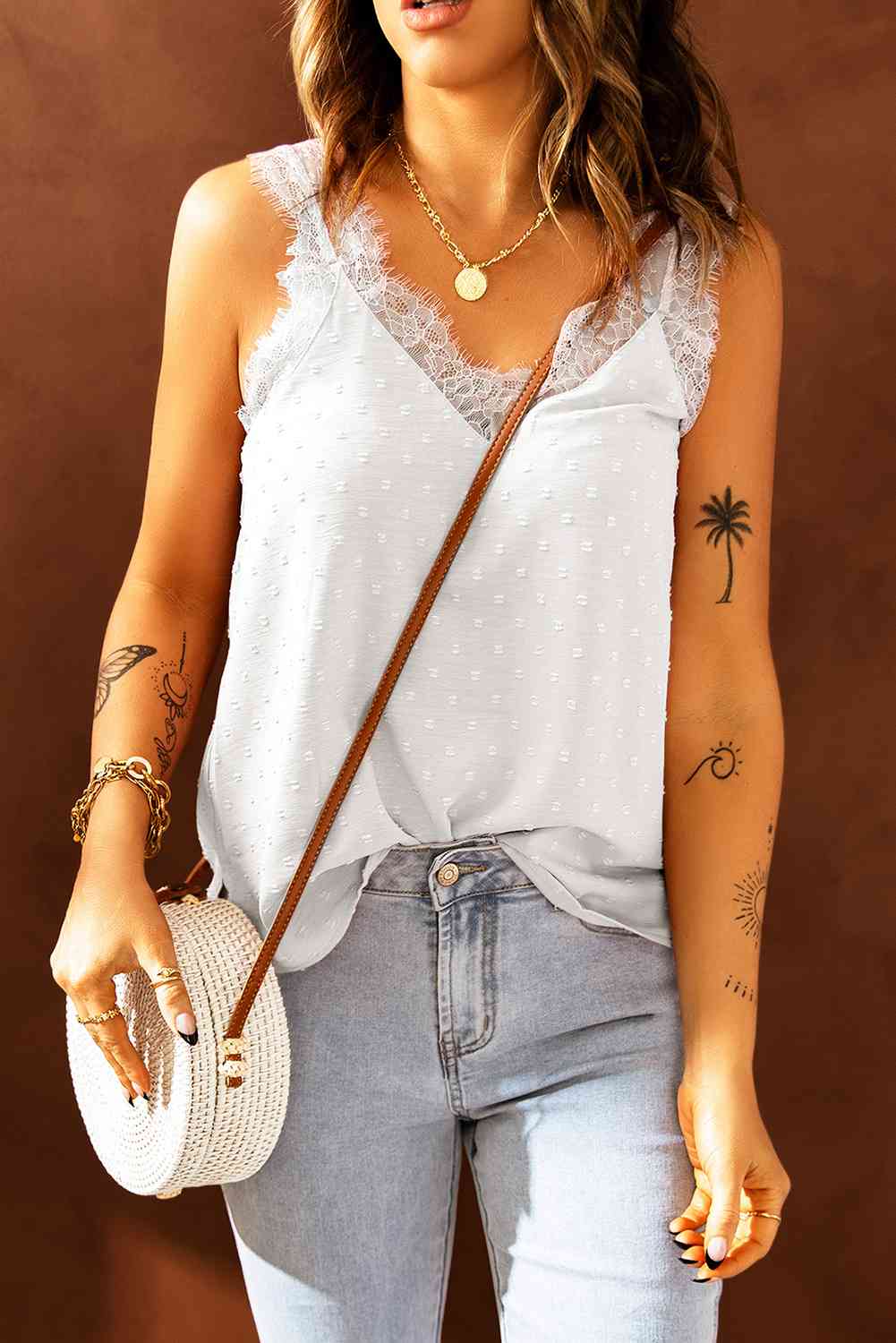 Stilla | Swiss Dot Blonde Kant Trim V-hals Tank