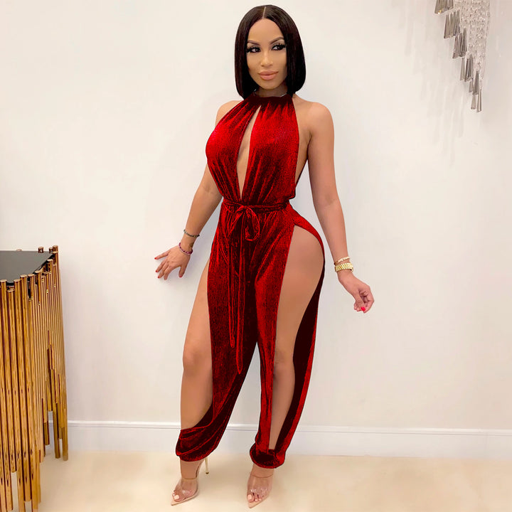 Dame Elegant Højhalset Jumpsuit med dybe Sideslids og Bindebælte Stilla
