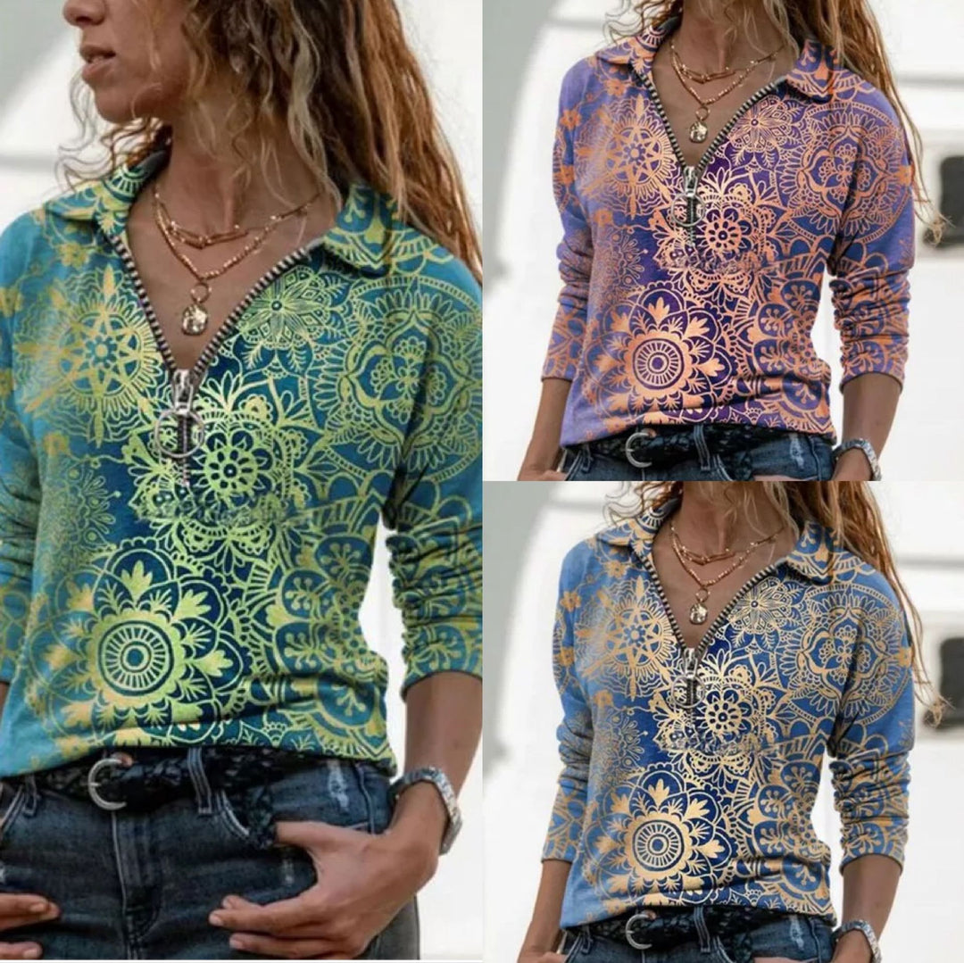 Dame sweater med blomster mønster og polo-krave Stilla