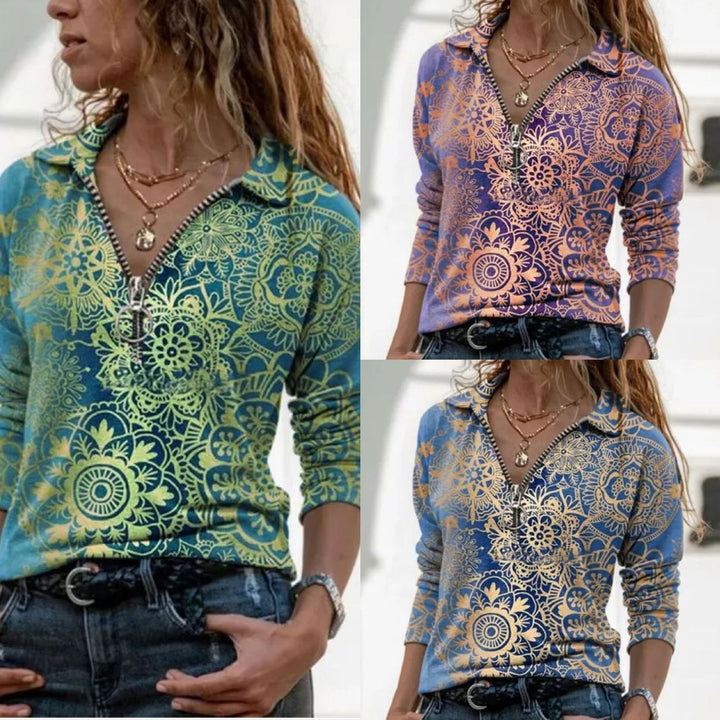 Dame sweater med blomster mønster og polo-krave Stilla