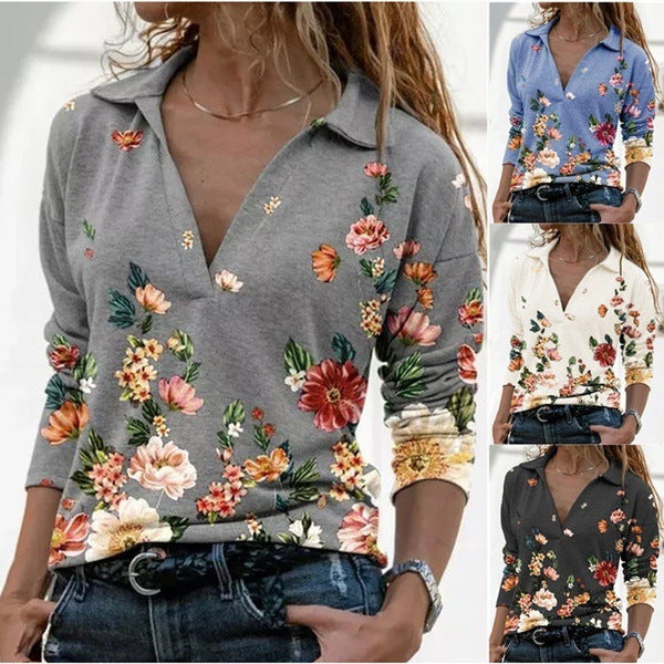 Damebluse med blomsterdesign og polo-krave Stilla