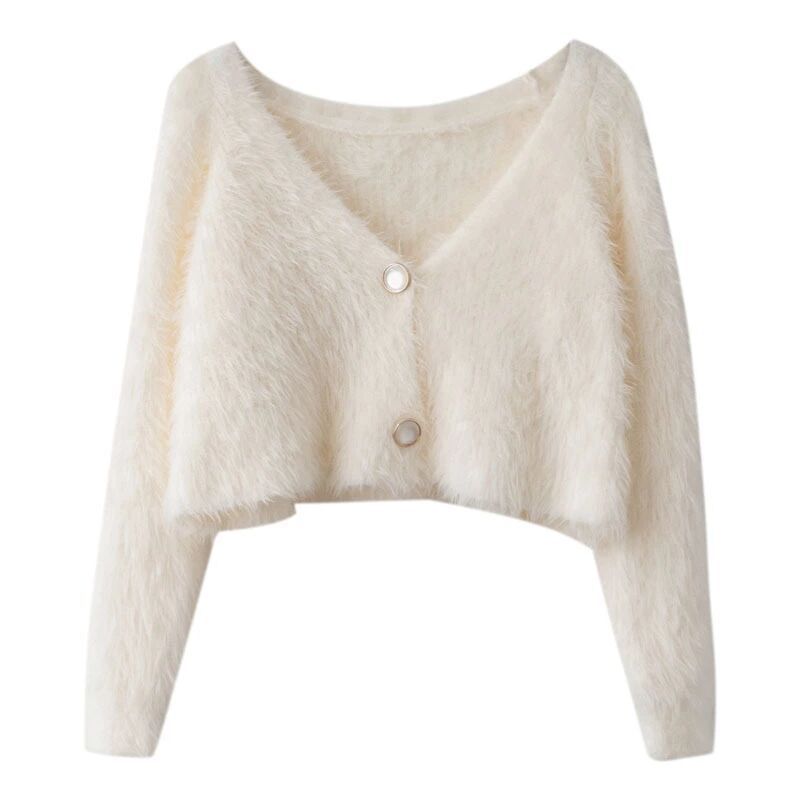 Kvinder Fluffy Strik Cardigan med Knap Design Stilla