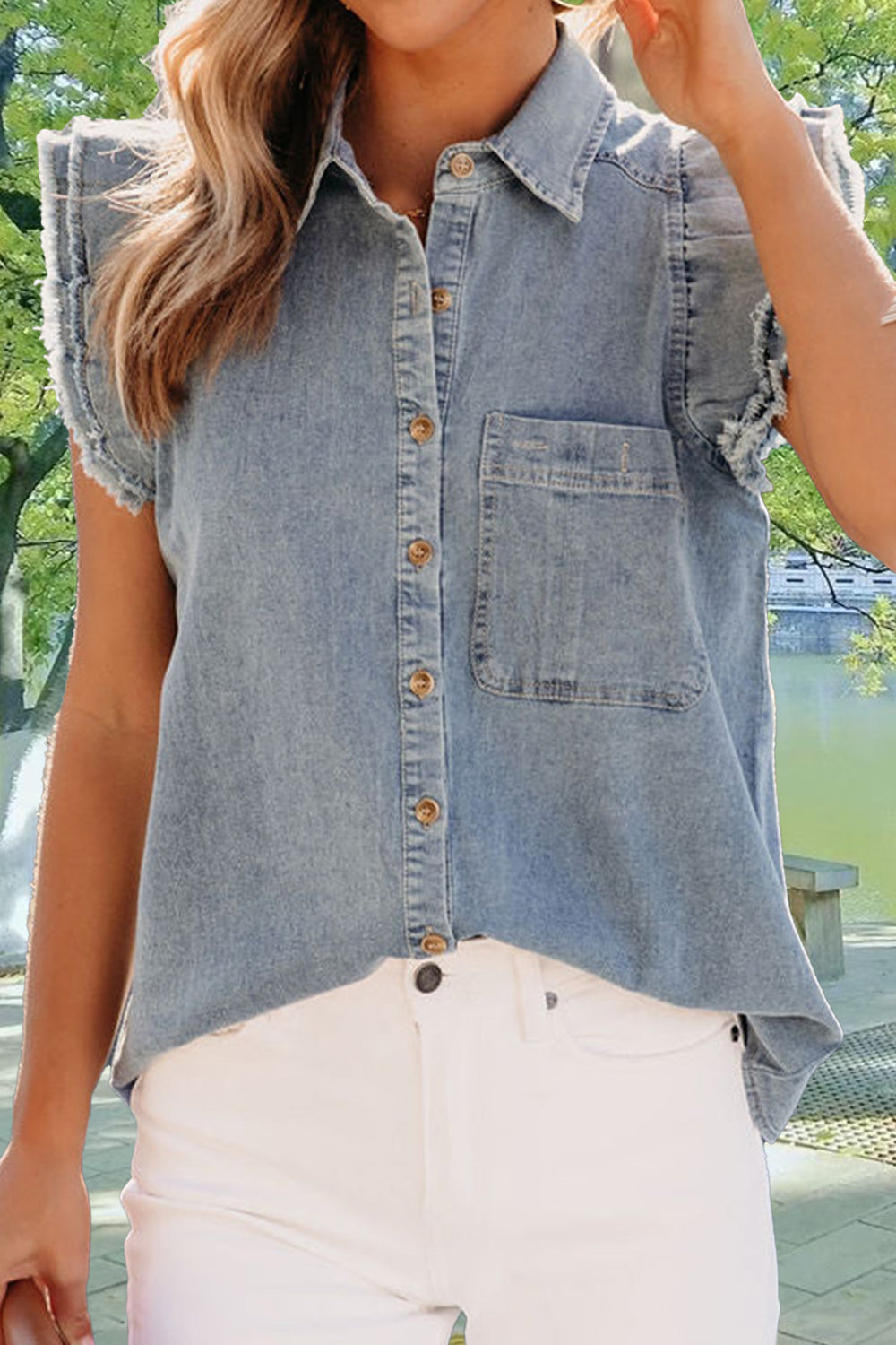 Stilla | Hem Knap Op Cap Ærme Denim Top
