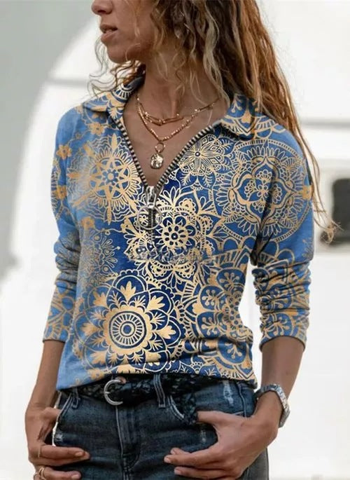 Dame sweater med blomster mønster og polo-krave Stilla