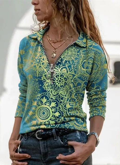 Dame sweater med blomster mønster og polo-krave Stilla