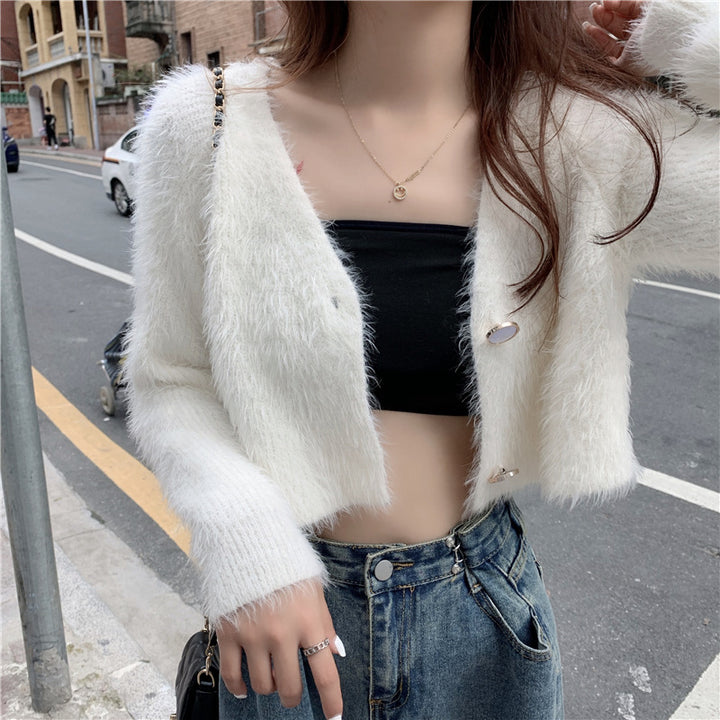 Kvinder Fluffy Strik Cardigan med Knap Design Stilla
