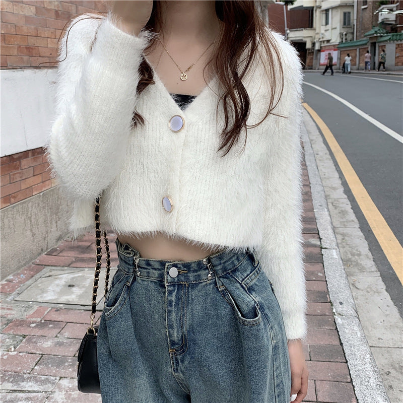 Kvinder Fluffy Strik Cardigan med Knap Design Stilla