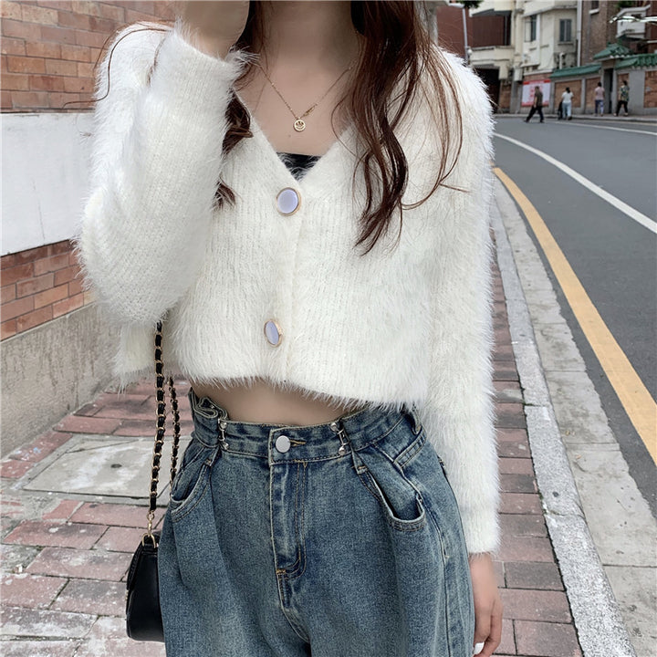 Kvinder Fluffy Strik Cardigan med Knap Design Stilla