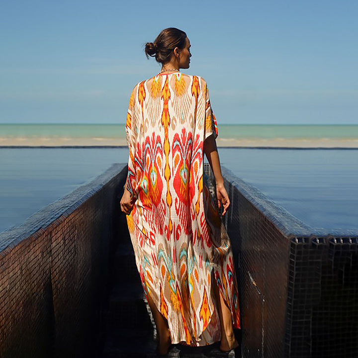Dame Kaftan Kjole med farverigt Ikat-mønster og elegante perlebesætninger Stilla
