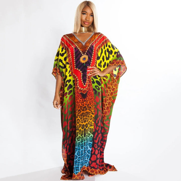 Dame Kaftan med iøjnefaldende multicolor-design og glitrende accenter Stilla