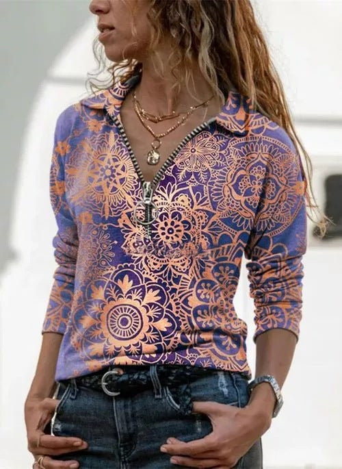 Dame sweater med blomster mønster og polo-krave Stilla