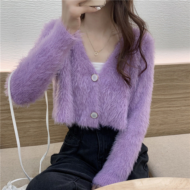 Kvinder Fluffy Strik Cardigan med Knap Design Stilla
