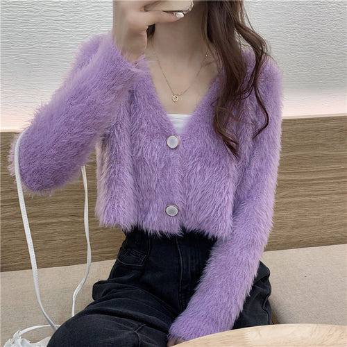 Kvinder Fluffy Strik Cardigan med Knap Design Stilla
