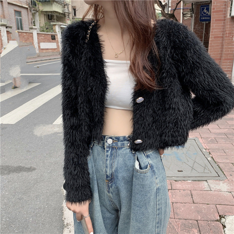 Kvinder Fluffy Strik Cardigan med Knap Design Stilla