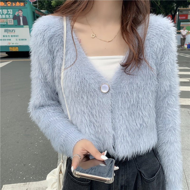 Kvinder Fluffy Strik Cardigan med Knap Design Stilla