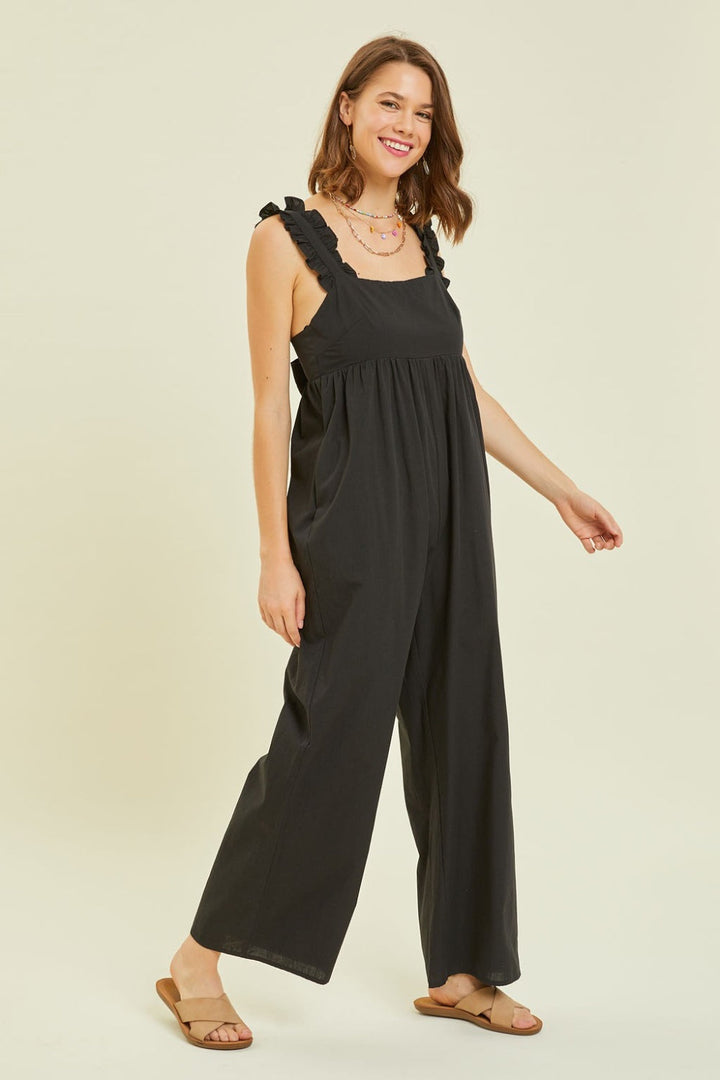Stilla | Full Size Ruffled Strap Back Tie Wide Leg Jumpsuit