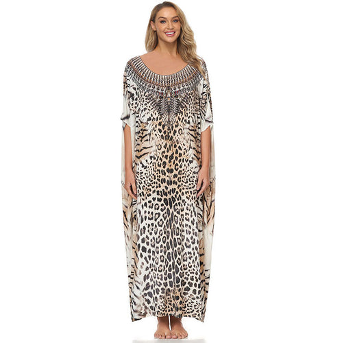 Dame strandkaftan med kunstnerisk dyreprint og elegante accenter Stilla