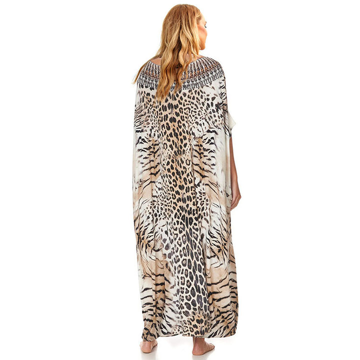 Dame strandkaftan med kunstnerisk dyreprint og elegante accenter Stilla